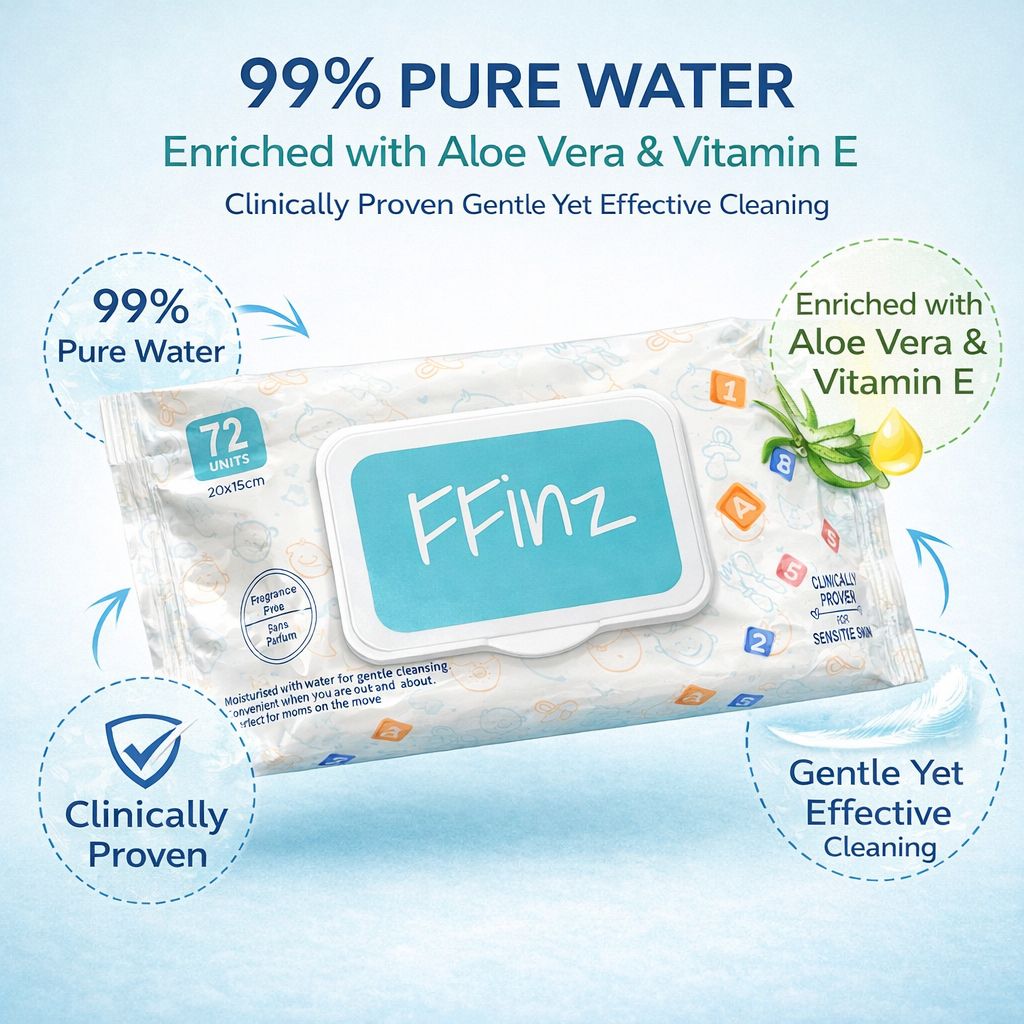 FFinz Baby Wet Wipes – 99% Pure Water, Fragrance Free, Gentle & Soft for Sensitive Skin. 12 Pack, 864 Wipes