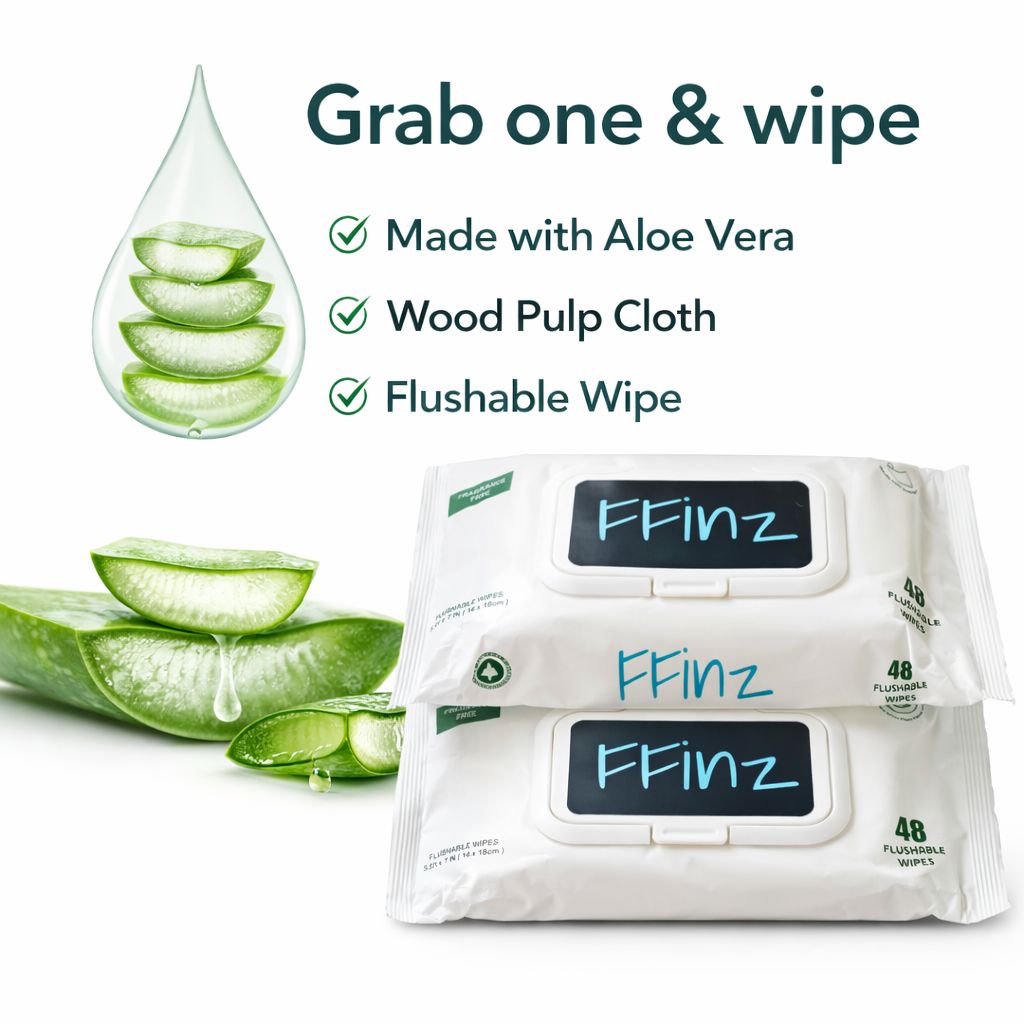 FFinz Flushable Wipes for Adults – Unscented with Aloe & Vitamin E – Septic Safe, Thick & Gentle Bathroom Wipes. 24 Pack, 1152 Wipes.