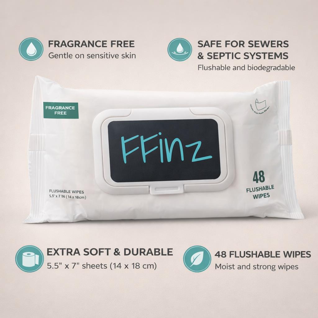 FFinz Flushable Wipes for Adults – Unscented with Aloe & Vitamin E – Septic Safe, Thick & Gentle Bathroom Wipes. 24 Pack, 1152 Wipes.