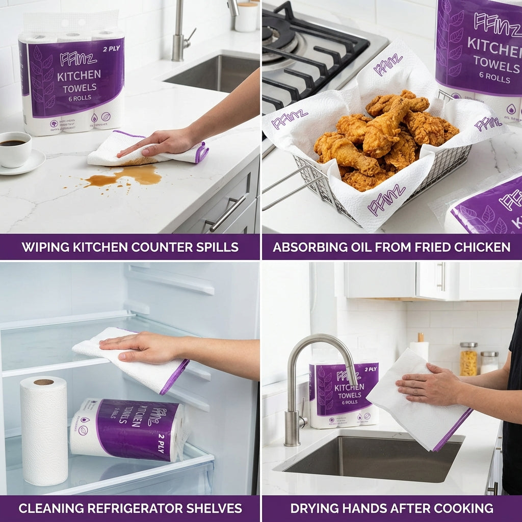 FFinz Kitchen Towels Paper – Extra Absorbent, 100% Virgin Wood Pulp, Oil Remover. 12 Roll, 1200 Sheets