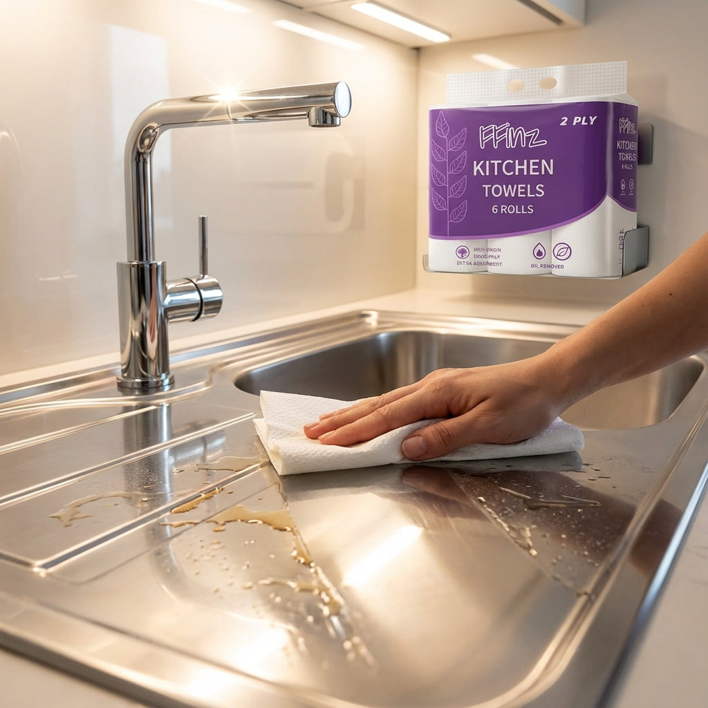 FFinz Kitchen Towels Paper – Extra Absorbent, 100% Virgin Wood Pulp, Oil Remover. 12 Roll, 1200 Sheets