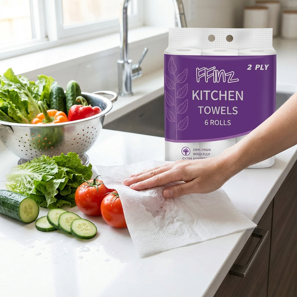 FFinz Kitchen Towels Paper – Extra Absorbent, 100% Virgin Wood Pulp, Oil Remover. 12 Roll, 1200 Sheets