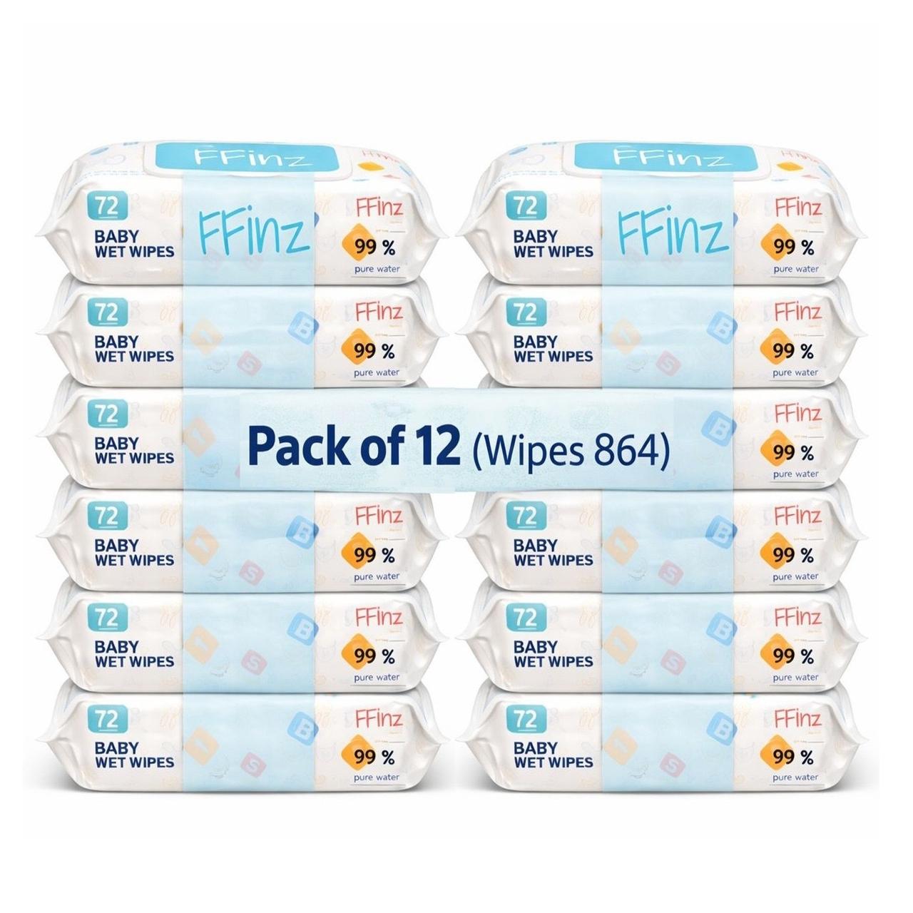 FFinz Baby Wet Wipes – 99% Pure Water, Fragrance Free, Gentle & Soft for Sensitive Skin. 12 Pack, 864 Wipes