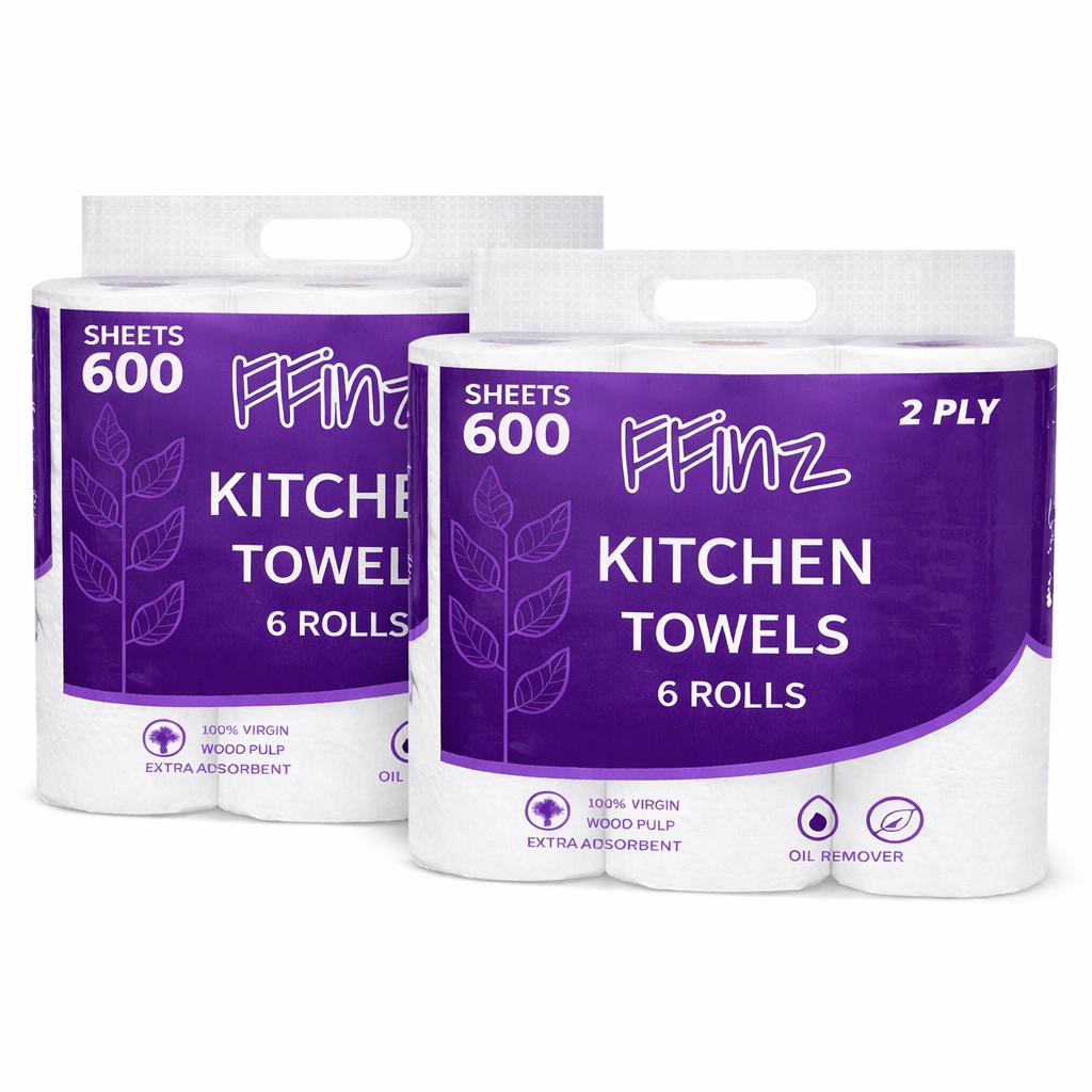 FFinz Kitchen Towels Paper – Extra Absorbent, 100% Virgin Wood Pulp, Oil Remover. 12 Roll, 1200 Sheets