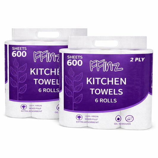FFinz Kitchen Towels Paper – Extra Absorbent, 100% Virgin Wood Pulp, Oil Remover. 12 Roll, 1200 Sheets